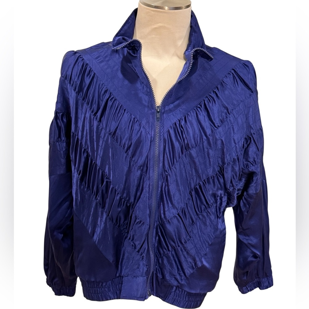 Vintage 100% Silk Cobalt Blue Chevron Jacket PM Nouveau Monde Sport Track Bomber